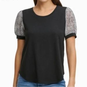 DKNY Animal Print Black / White Mixed Media Puff Sleeve Top Sz XL Nordstrom